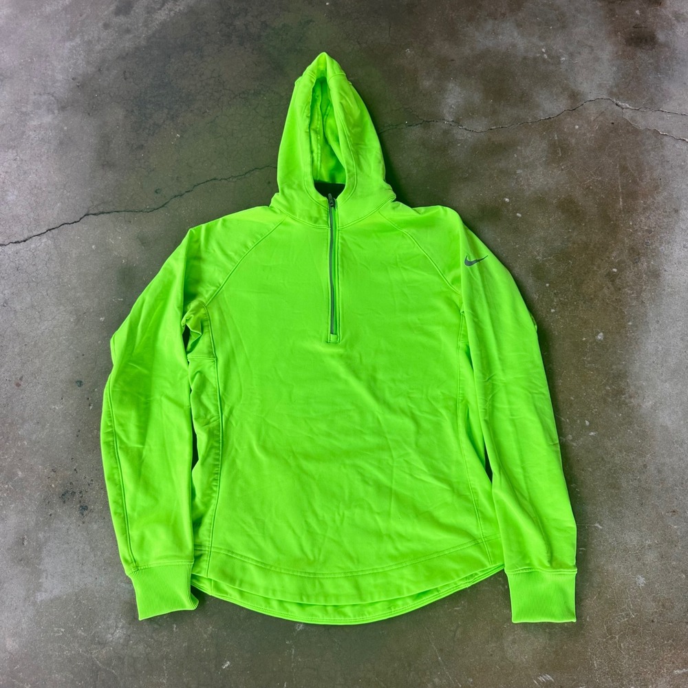 Nike Dri-FIT 1/4 Zip Hoodie Womens Large Neon Green Excellent Thumbholes Running